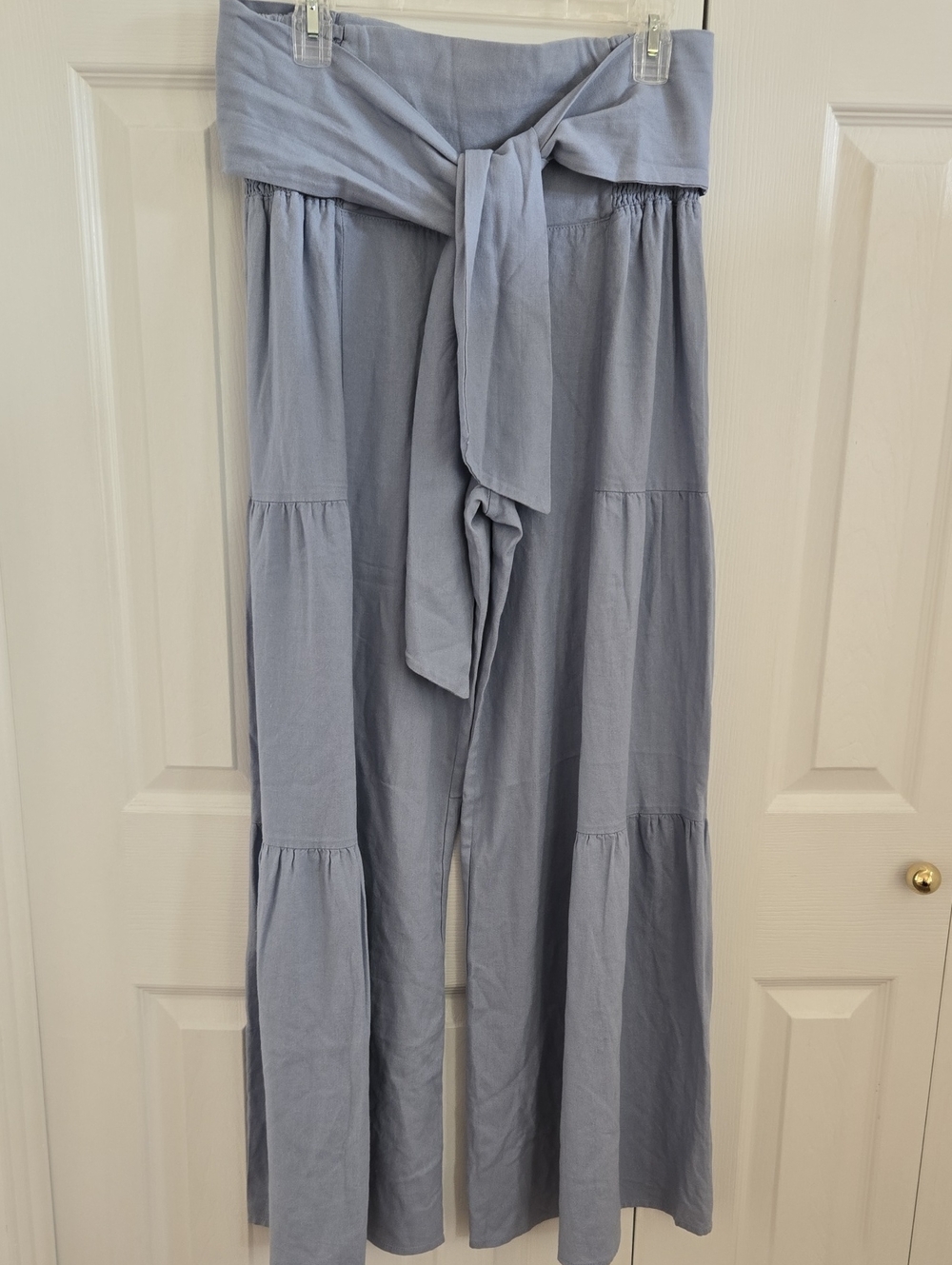 Happily Grey Women's Light Blue Wide-Leg Tie-Waist Linen Pants
